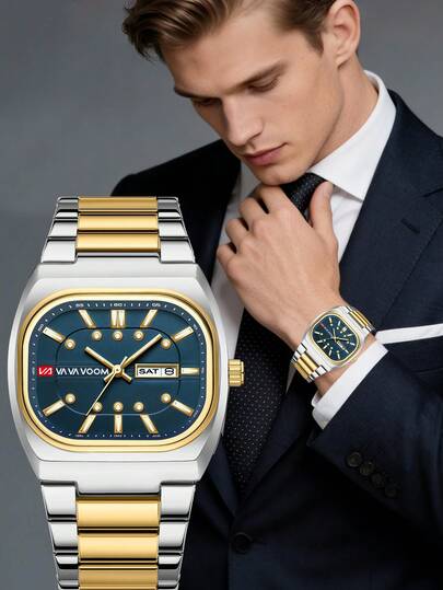  VA VA VOOM New Original Men's Watch Stainless Steel Strap Quartz Watch Rectangular Rounded Case 2.4cm Strap Width Calendar+Week Window Dual Function, Elegant Business Men's Watch-Suitable For Holiday Gift Giving - Father/Brother/Family