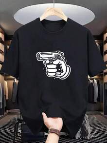 100% Cotton T-Shirt With "Shoot You" Gun Graphic Print - Breathable, Unisex, Casual, Short Sleeve For Summer Outdoor Activities, Machine Washable, Crew Neck, Gun Design T-Shirt, Casual Wear - 黑色 - 查看 6