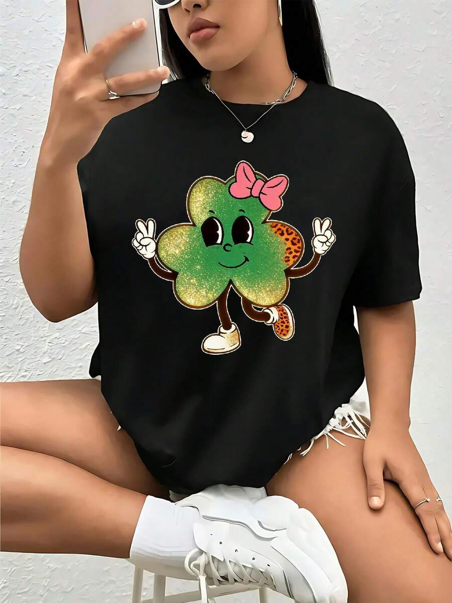 Plus Size T-Shirts For Women, 260109Y10 Summer Casual T-Shirts, Loose Fit Crew Neck Printed T-Shirt, Plus Size Clothing D1-High Quality - 黑色 - 查看 1