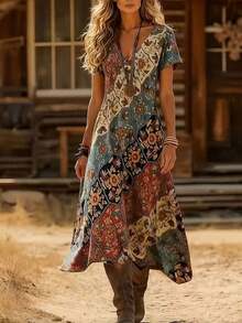 Vestido casual de mujer con estampado, cuello en V y manga corta, estilo vintage western, para primavera/verano y vacaciones - Verde militar - Ver 1