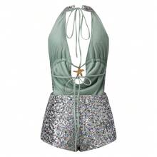 Women Summer Two Piece Outfits Shorts Set Polka Dots Print Halter Deep V Neck 3D Flower Crop Tank Top + Matching Shorts Set Slim Fitted Jumpsuit Party Clubwear Beachwear Y2K Streetwear - 亮片-多色 - 查看 8
