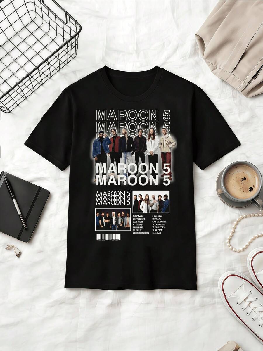 Maroon 5 Inspired Retro Tee, Cotton Band Streetwear Daily Outfit For Women - Black - View 1