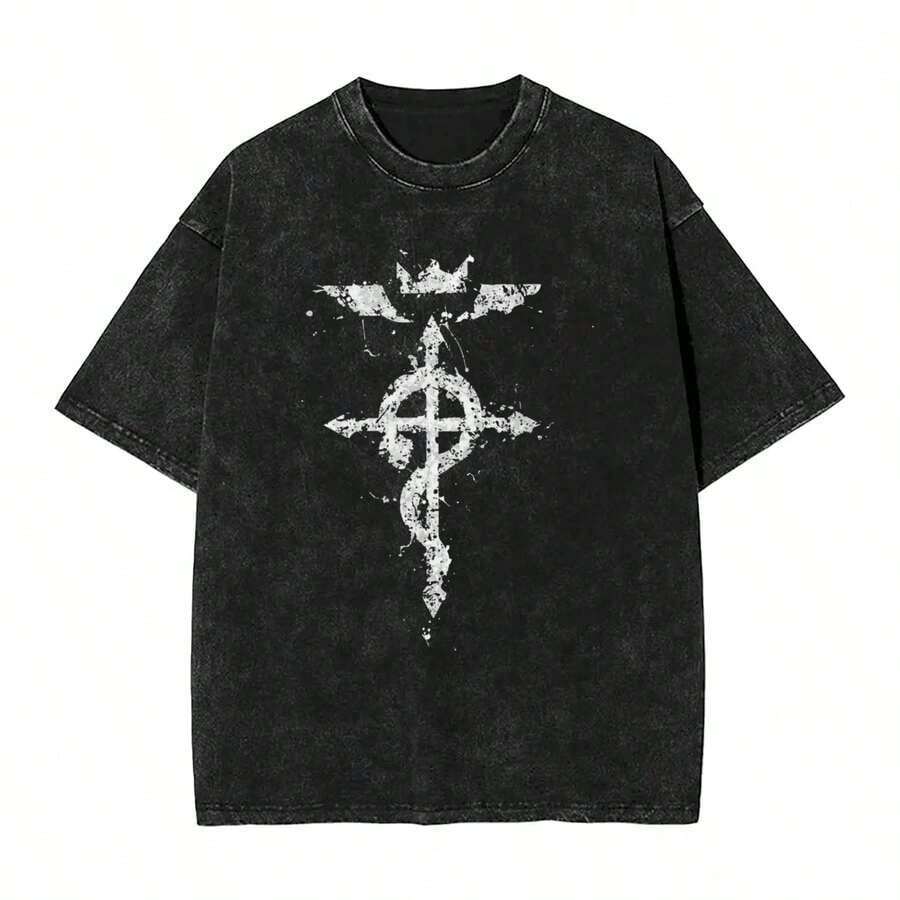 Men's Pure Cotton Short Sleeve T-Shirt, New 2024, Valentine's Day Gift, Unisex Crew Neck T-Shirt With Red Anime Fullmetal Alchemist Logo, Retro Y2K Style, Thick And Soft To The Touch. - 黑色 - 查看 1