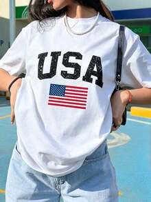 Mexican Basic Crew Neck T-Shirt With Distressed Vintage American Flag Graphic - Retro Campus Style Street Essential | Distorted White Text And Faded Flag Details Create A Cool, Casual Patriotic Vibe | A Must-Have For Game Day, Independence Day, And Summer Vacation Outfits. Black. New Launch - 白色 - 查看 1