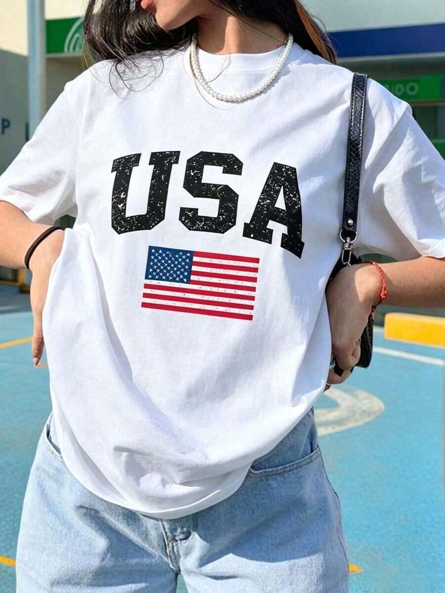Mexican Basic Crew Neck T-Shirt With Distressed Vintage American Flag Graphic - Retro Campus Style Street Essential | Distorted White Text And Faded Flag Details Create A Cool, Casual Patriotic Vibe | A Must-Have For Game Day, Independence Day, And Summer Vacation Outfits. Black. New Launch - 白色 - 查看 1