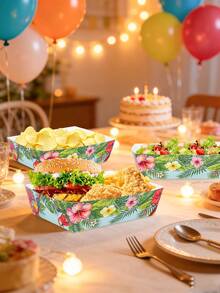 10pcs/20pcs/30pcs Green Blue Hawaiian Parrot Paper Food Trays,Tropical Hibiscus Serving Boats, 5.1" X 3.5" X 1.57" Light Blue Floral Snack Trays For Luau Party,Baby-Shower,Summer Beach, Pool Party, BBQ, Tiki Bar, Birthday Supplies Men Women - Multicolor - View 5