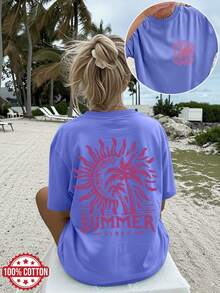 New Summer 2026 Collection,Women'S Vintage Style T-Shirt With Sun And Palm Tree Print |   Casual Crew Neck, Short Sleeve, Regular Fit,Sizes: S–7XL; Ships Within 24 Hours - 紫色 - 查看 1
