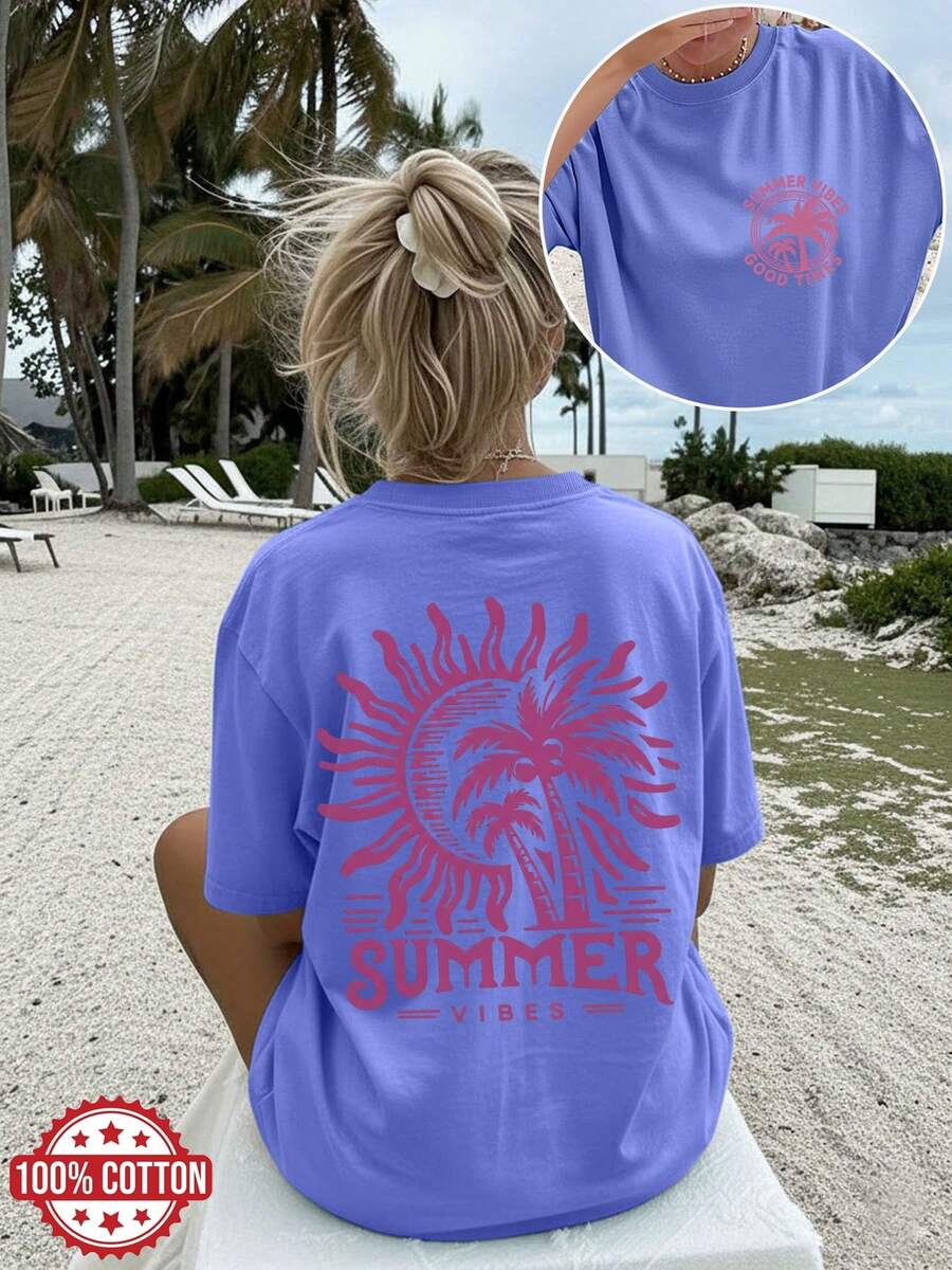 New Summer 2026 Collection,Women'S Vintage Style T-Shirt With Sun And Palm Tree Print |   Casual Crew Neck, Short Sleeve, Regular Fit,Sizes: S–7XL; Ships Within 24 Hours - 紫色 - 查看 1
