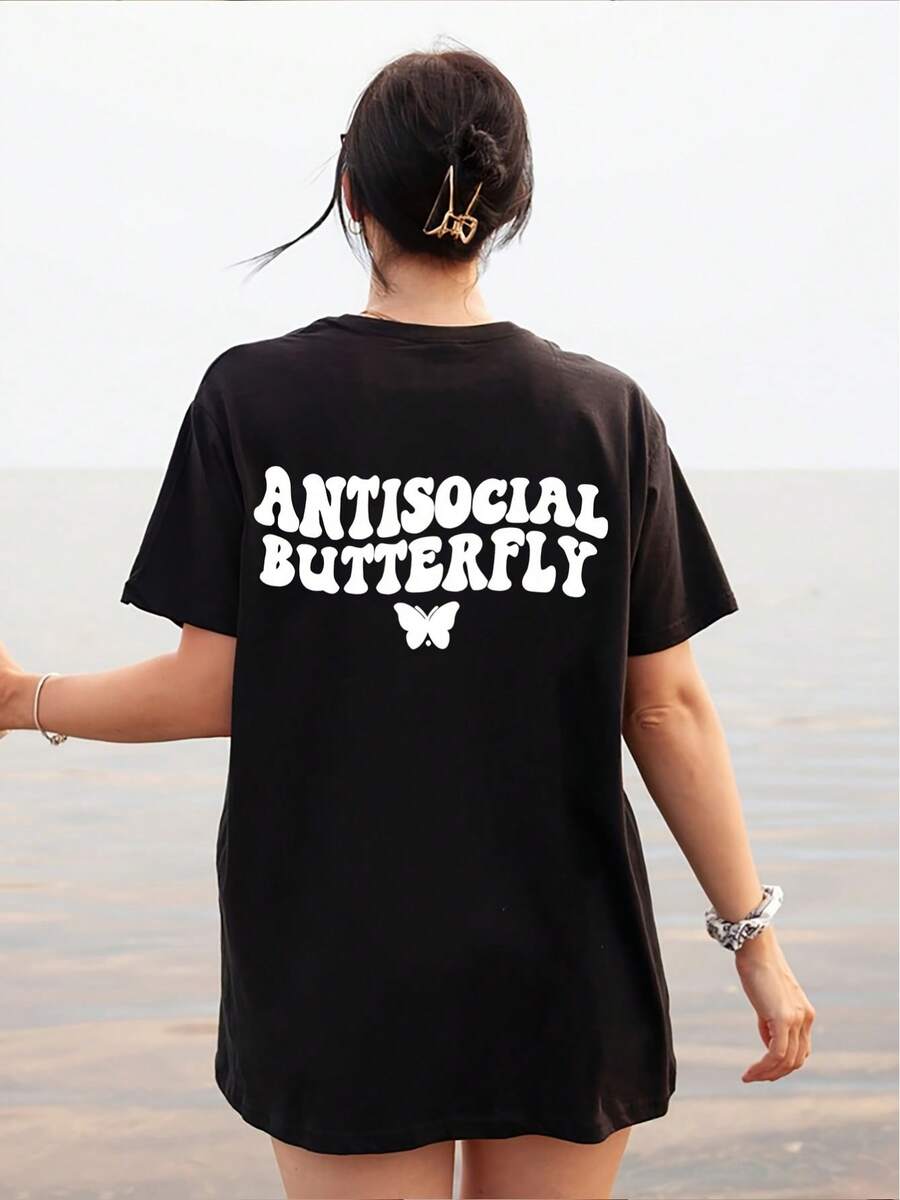 Women's T-Shirt With "Antisocial Butterfly" Print - Black, Casual, Round Neck, Short Sleeve, Suitable For Spring And Summer, Soft And Comfortable - 黑色 - 查看 1