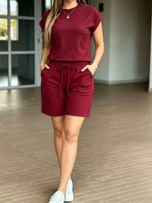 Conjunto de 2 shorts para mujer de unicolor con bolsillo y cordón, ropa de ocio para el hogar, primavera verano rojo - Rojo - Ver 4