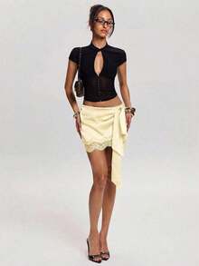 Minifalda elegante de mujer con parches de encaje y cintura con lazo, para verano - Amarillo - Ver 5
