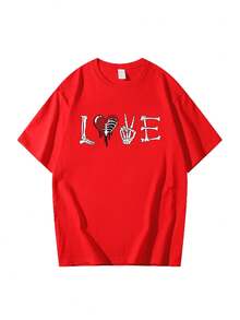 LDA Printed Bone Heart T-Shirt, Short Sleeve Crew Neck, Casual Women's Size-Increasing T-Shirt, Pure-Cotton - 紅色 - 查看 1