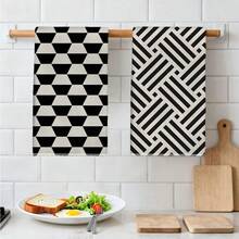 MEMNUN 2pcs Black Geometric Pattern Kitchen Towels, 15.75*23.62in(40*60cm), Made Of Super Soft Microfiber With Strong Absorbency, Perfect For Dish Drying, Tea Cups, Bathroom & Dining Decor, Cooking & Baking - Multicolor - View 6