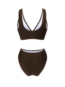 1 Set Women's Leopard Print Patchwork V-Neck Bikini Swimwear, Sexy Two Pieces Swimwear Vacation Beach Summer - Brown - View 3