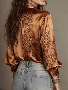 Blusa de satén con estampado de rosa naranja-turquesa clásico para mujer, diseño con cuello, elegante para el uso diario, salidas y talla grande - Naranja Quemada - Ver 3