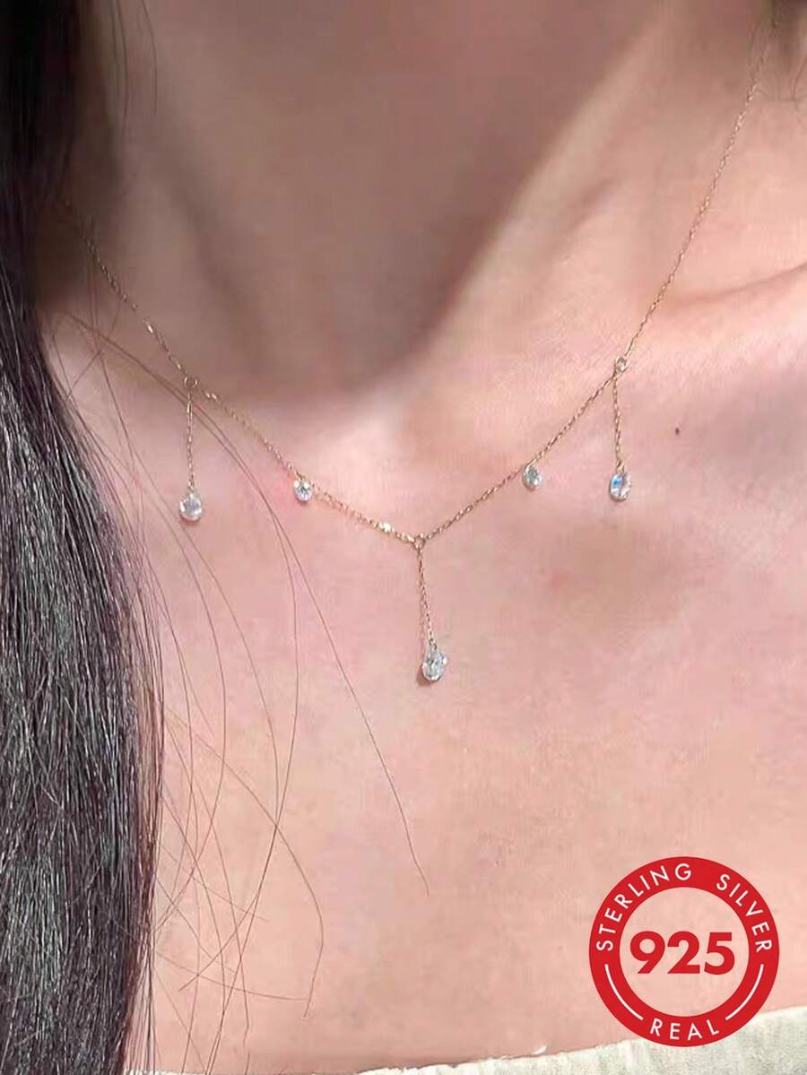 1 chiếc dây chuyền mặt dây chuyền hình giọt nước bằng bạc Sterling S925 đính đá Zirconia, kiểu dáng tối giản thanh lịch hình chữ Y với tua rua, phù hợp cho nữ giới đeo hàng ngày, món quà tuyệt vời. - Vàng - Xem 1