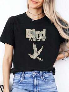Women's Casual Short Sleeve Crew Neck T-Shirt With Bird Print, Nature Theme For Valentine's Day, High Quality 220g Pure Cotton T-Shirt With Minimalist Print, Soft And Breathable Fabric, Comfortable And Loose Fit, Suitable For All Day Wear, Ideal For Casual Office Wear, Spring And Summer Daily Look, Stylish And Youthful Short Sleeve Clothing For Women, Blouses For Women. - 黑色 - 查看 1