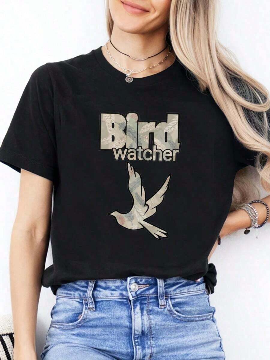 Women's Casual Short Sleeve Crew Neck T-Shirt With Bird Print, Nature Theme For Valentine's Day, High Quality 220g Pure Cotton T-Shirt With Minimalist Print, Soft And Breathable Fabric, Comfortable And Loose Fit, Suitable For All Day Wear, Ideal For Casual Office Wear, Spring And Summer Daily Look, Stylish And Youthful Short Sleeve Clothing For Women, Blouses For Women. - 黑色 - 查看 1