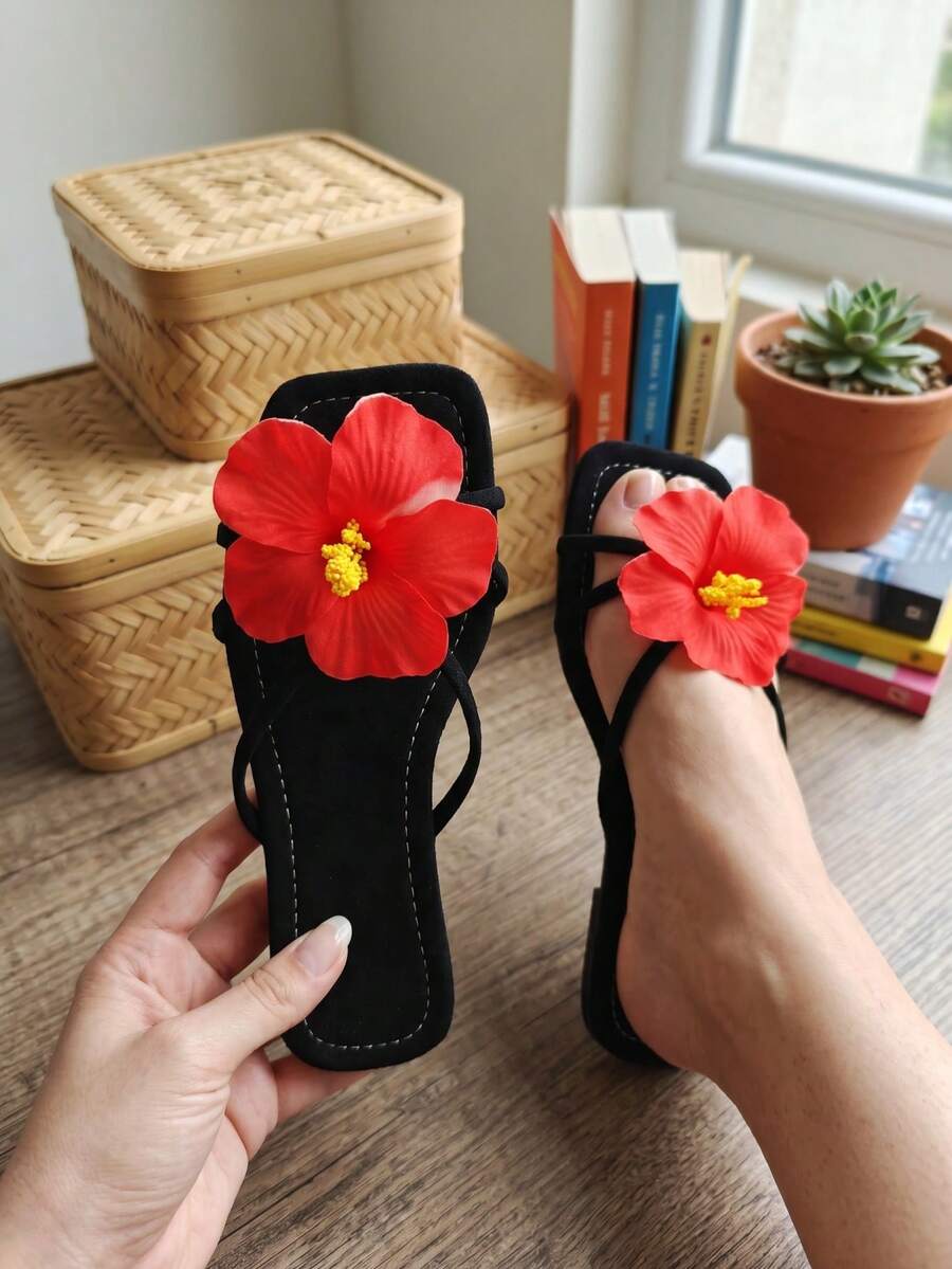 Summer New Solid Color Velvet Skin-Friendly 3D Floral Flat Slippers, Fashionable Versatile Comfortable Suitable For Beach Travel Vacation - Black - View 1