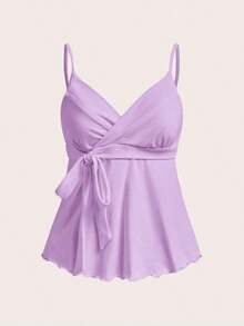 Camiseta de tirantes casual y versátil con estampado de lunares y detalle de nudo para mujer - Lila Púrpura - Ver 2