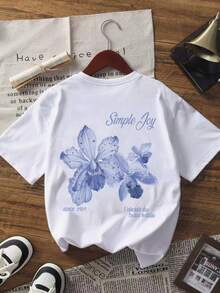 Summer New Minimalist Fashionable Floral & Letter Print Casual Round Neck Short Sleeve T-Shirt, Versatile Daily Wear For Women White - White - View 3