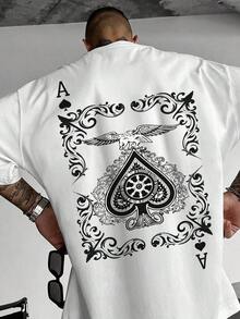 Camiseta de manga corta con cuello redondo, corte holgado y hombros caídos, estilo vintage retro gótico, inspirada en el tatuaje de motociclista, estilo punk urbano Y2K, informal, para salir, conciertos, clubes, festivales, fiestas, transpirable, ligera, estilo OOTD, de la marca Manfinity Roughcore para hombre, color blanco con estampado de as de pica y águila, adecuada para el verano, informal, conciertos, festivales de música. - Blanco - Ver 1