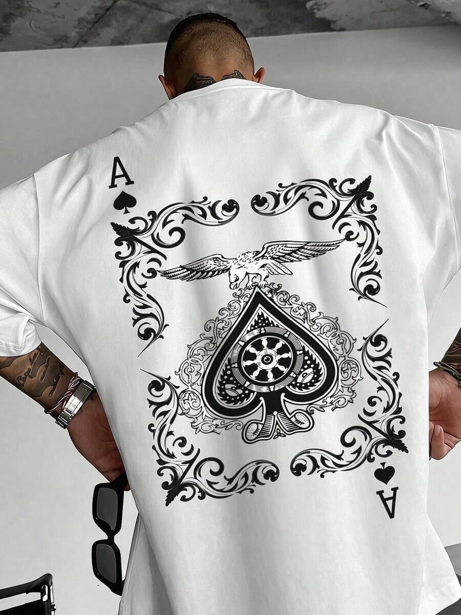 Camiseta de manga corta con cuello redondo, corte holgado y hombros caídos, estilo vintage retro gótico, inspirada en el tatuaje de motociclista, estilo punk urbano Y2K, informal, para salir, conciertos, clubes, festivales, fiestas, transpirable, ligera, estilo OOTD, de la marca Manfinity Roughcore para hombre, color blanco con estampado de as de pica y águila, adecuada para el verano, informal, conciertos, festivales de música. - Blanco - Ver 1