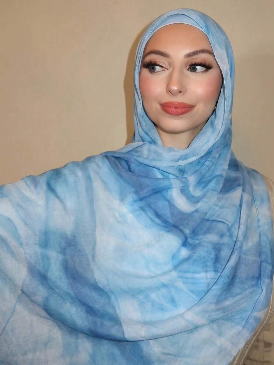 1 buah Syal/Penutup Kepala Wanita Gaya Bohemian dengan Motif Cat Air, Marmer, Riak Air, dan Tie-Dye, Cocok untuk Pemakaian Sehari-hari - Baby Blue - View 1