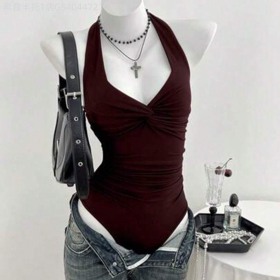 MewMuse.  Body de mujer con cuello en V y nudo delantero, minimalista y sexy, para primavera/verano - Burdeos - Ver 1