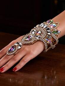 1pc Belly Dance Hand Accessory, Suitable For Women's Party & Adult Performance, Rhinestone Bracelet Finger Chain - Silver - View 2