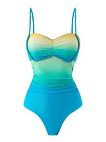 Bonvoyette Conjunto de traje de baño premium para vacaciones en la playa, /verano/otoño, que incluye un bañador de una pieza sexy con estampado digital degradado y tirantes trenzados, combinado con una falda de malla degradada - Verde - Ver 4