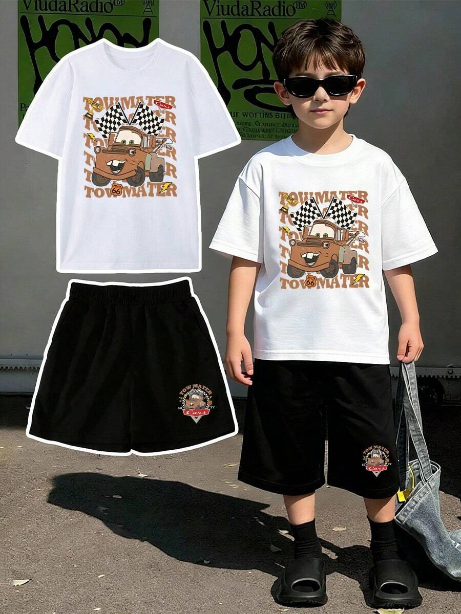 Disney Official Licensed Cars Tow Mater Boys' T-Shirt & Shorts Outfit, Cotton Short-Sleeve T-Shirt & Polyester Shorts, Ultra Comfortable & Super Soft, Relaxed Fit, Stylish, High-Appearance, High Head-Turning, Versatile Daily Wear, Ideal For Daily Commutes, Ages 4-12, Spring Summer, New Arrival, Express Delivery - White Black - View 1