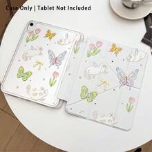 Cat, Butterfly, Tulip And Bow Pattern Painted Effect Acrylic Crystal Tablet Protective Case, With Stand, Compatible With Samsung/Apple///Honor/// Popular Models, Foldable And Anti-Bend, Silicone Reinforced Corners, Auto Wake/Sleep Function, Built-In Pen Slot, Multi-Angle Foldable Stand - Style 6 - View 3