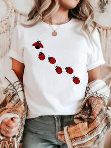 Women's Short Sleeve Round Neck Blouse - Ladybug Print (Compatible With Ladybug) - High Elasticity Fabric For Spring-Summer-Autumn - Casual And Semi-Formal Wear - Solid Color Base With Insect Print - Machine Washable - Y2K Style And Mature Style - White - View 6
