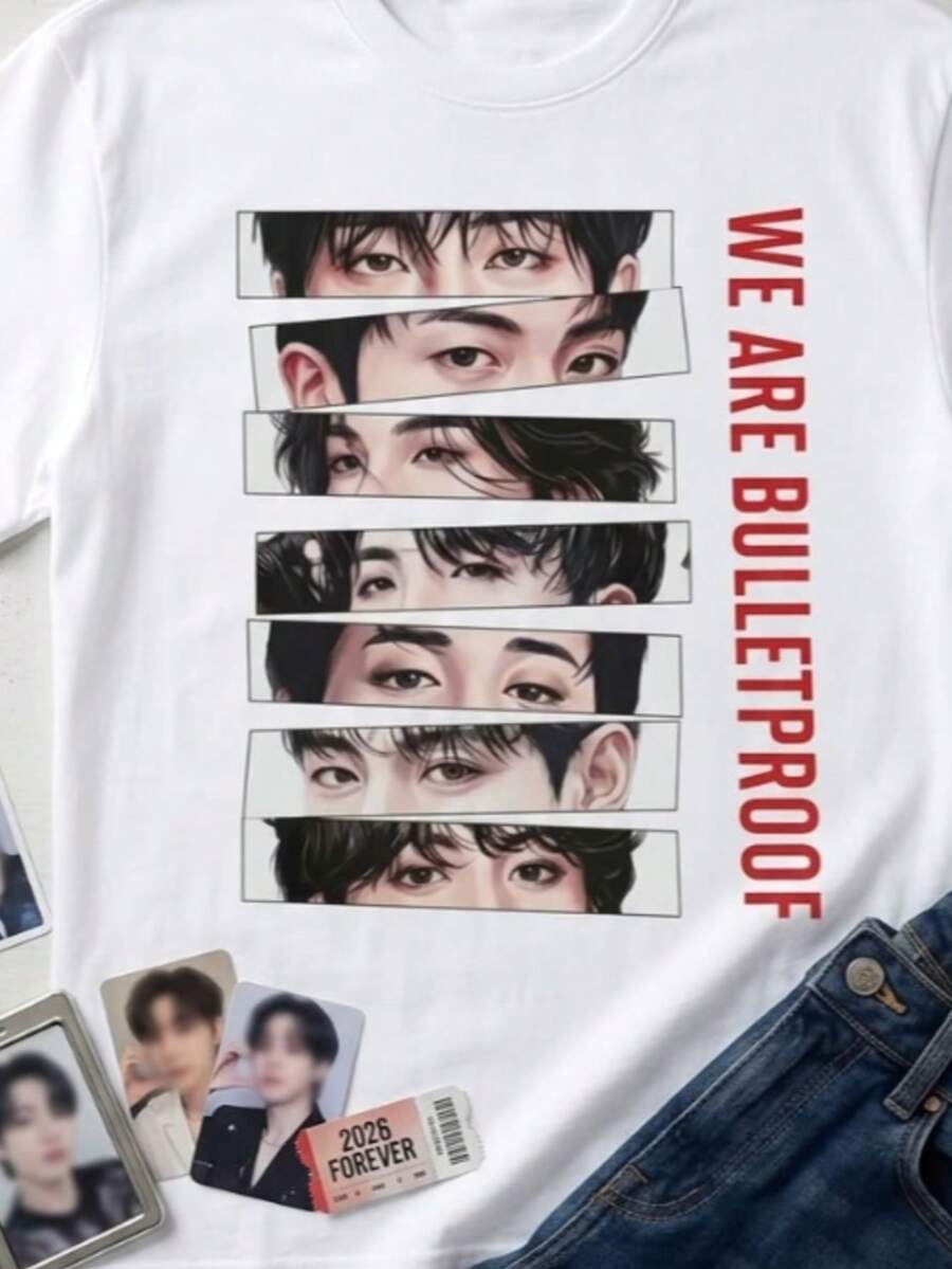 Unisex Urban-Style Mosaic Eye Print T-Shirt, Loose-Fitting Short Sleeves With A Unique Design, Suitable For Couples. Neck Half Sleeve T-Shirt With Cartoon Eyes Print For Women, Regular Fit - 白色 - 查看 1