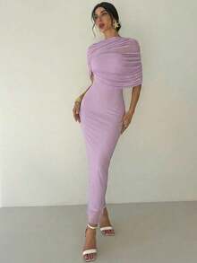 Vestido ajustado con cuello de volantes, cintura plisada y asimétrico, color amarillo sólido elegante y romántico.Atuendo para playa, aeropuerto, vacaciones y maestros. - Lila Púrpura - Ver 3