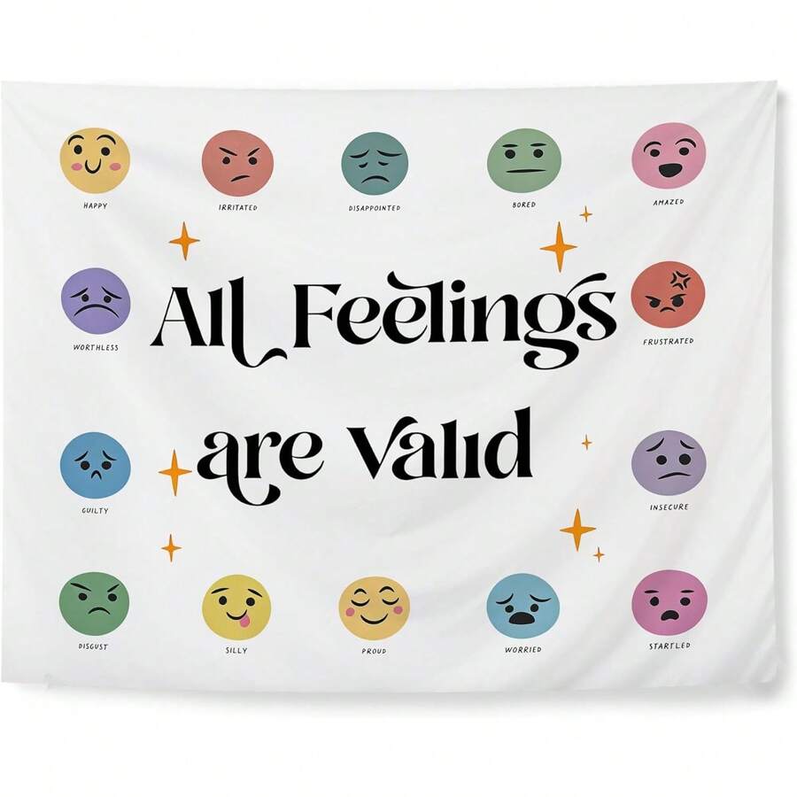 Feelings And Emotions Chart Mental Health Tapestry, All Feelings Are Valid Tapestries Wall Hanging Decor For Kids Room Classroom Therapy Counseling Office Calm Down Corner - 白色 - 查看 1