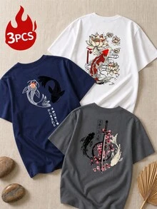 3pcs/Set Kaos Kasual Regular Fit Motif Ikan Koi Jepang & Pedang Samurai untuk Wanita Musim Panas - MultiWarna - View 1