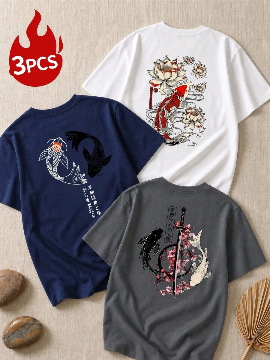 3pcs/Set Kaos Kasual Regular Fit Motif Ikan Koi Jepang & Pedang Samurai untuk Wanita Musim Panas - MultiWarna - View 1