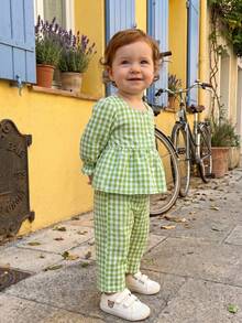 Toddler Girls Fall Outfits Plaid Square Neck Button Up Long Sleeve Shirt And Elastic Pants Set 2 Piece Clothes - Green - View 4
