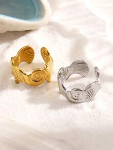 1pc Minimalist Stainless Steel Grooved Open Ring, Suitable For Women's Beach Vacation Wear - Yellow Gold - View 4