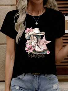 100% Cotton Women's Printed T-Shirt For Everyday Summer Wear. Women's Cowboy T-Shirt – Short-Sleeve Western-Style Tee With Cowgirl And Horseshoe Prints, Featuring The Slogan "Let's Go Cowgirls" And A Pink Floral Cactus And Hat Design – Ideal For Casual Summer Outfits At Rodeos And Country Parties. Comfortable, Soft, And Simple Short-Sleeve Tee For Everyday Wear. - 黑色 - 查看 2