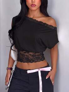 Camiseta de unicolor con tirantes de encaje holgados, uso versátil diario, verano - Negro carbón - Ver 2