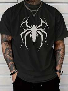 Camiseta de Algodón Grueso para Hombre, Roja con Estampado Gráfico de Telaraña Blanca, Cuello Redondo, Manga Corta, Estilo Casual, Lavable a Máquina, Ajuste Cómodo para Todas las Temporadas, Aspecto Moderno, Textura Suave - Negro 1 - Ver 1
