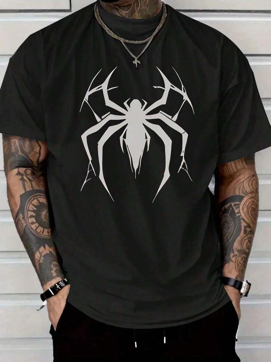 Camiseta de Algodón Grueso para Hombre, Roja con Estampado Gráfico de Telaraña Blanca, Cuello Redondo, Manga Corta, Estilo Casual, Lavable a Máquina, Ajuste Cómodo para Todas las Temporadas, Aspecto Moderno, Textura Suave - Negro 1 - Ver 1