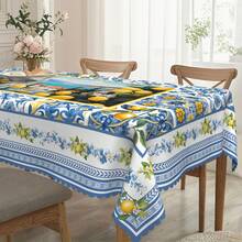 1pc Mediterranean Style Lemon Floral Tablecloth, Printed Tablecloth, Mediterranean Tile Mosaic Blue And White Color Design Pattern, Mediterranean Style, Polyester Round/Rectangular Tablecloth, Summer Decor, Indoor/Outdoor Dining Table Decor, Essential For Spring/Summer Party, Patio Picnic - Multicolor - View 7