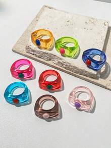 Anillo de cuentas cuadradas asimétricas de resina, anillos de color macaron transparente, estilo INS para primavera/verano - Multicolor - Ver 2