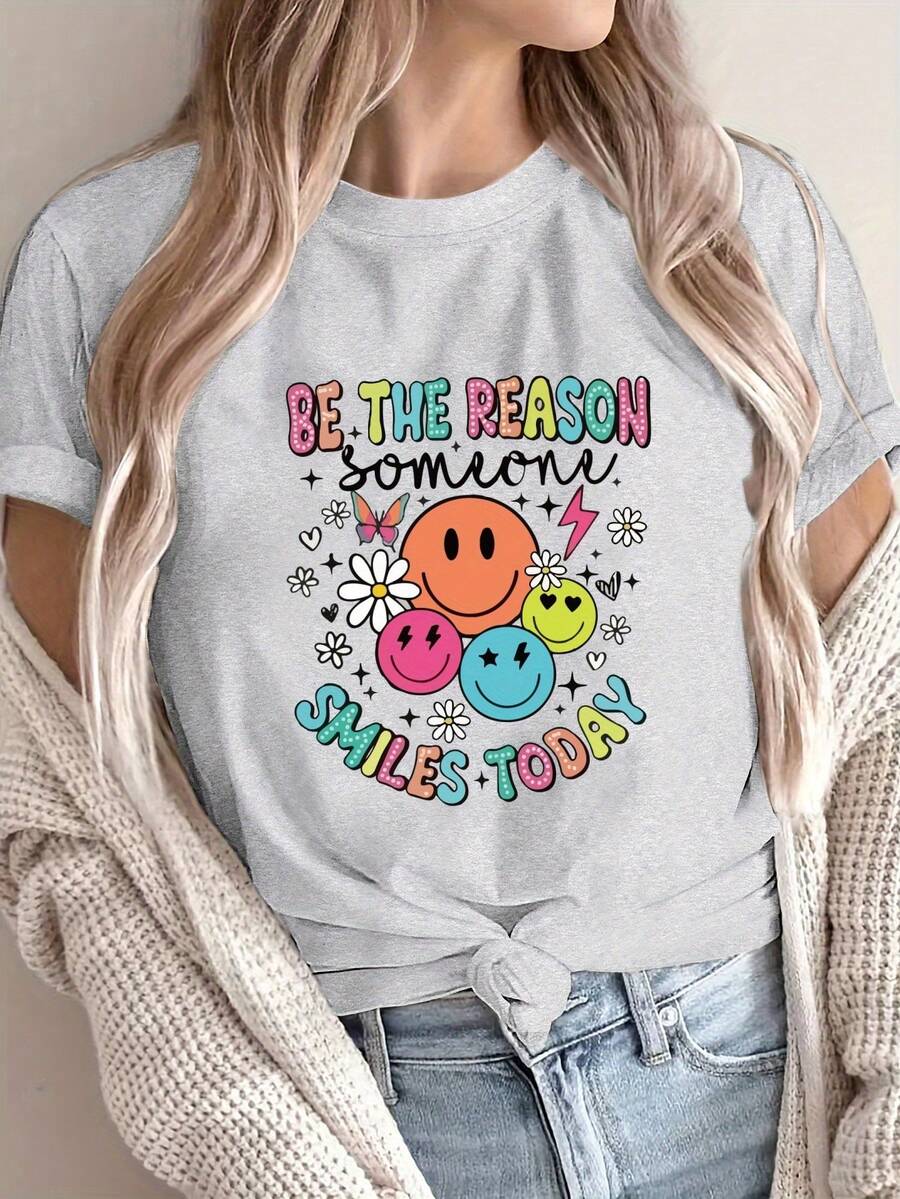Women's Casual Short Sleeve T-Shirt - Happy Face Print And Inspirational Lettering, Comfortable Crew Neck, Versatile All-Season Top, Loose Fit, Breathable Fashion T-Shirt, Printed T-Shirt, A Must-Have For Fashion Enthusiasts. ZOIH - 淺灰色 - 查看 1