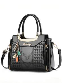 Bolso de mano de mujer de cuero patentado morado con asa superior, bolso cruzado con patrón trenzado y adorno de borla colorida y correa desmontable - Morado - Ver 8