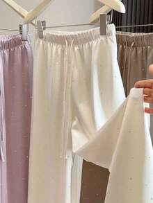 Women's High Waist Wide Leg Harem Pants - Floor Length Ice Satin Acetate Trousers, Lightweight, Suitable For Petite Height, Cool Drape, Machine Washable, For Elegant Casual, Office, Semi-Formal Wear - 奶茶 - 查看 2